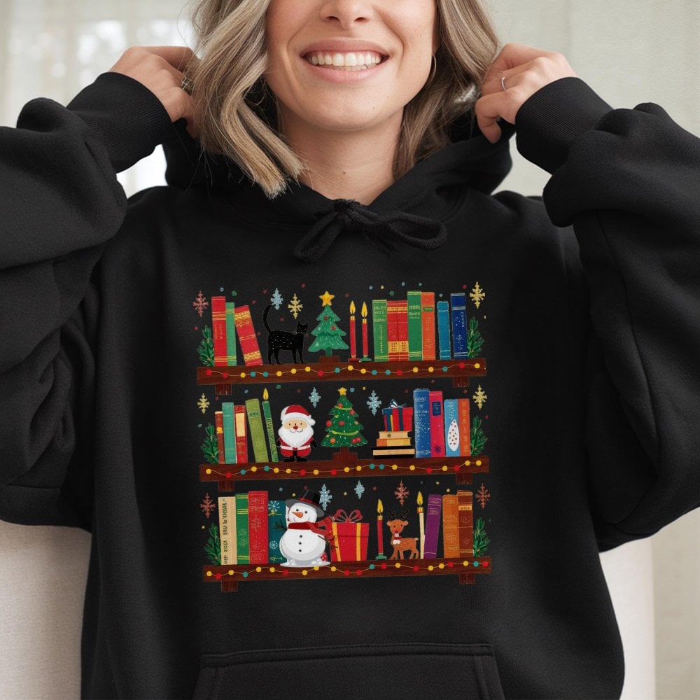 Festive Librarian Book Stack Sweatshirt, Christmas Bookshelf Hoodie, Comfy Holiday Bookish Pullover, Xmas Present for Book Lo