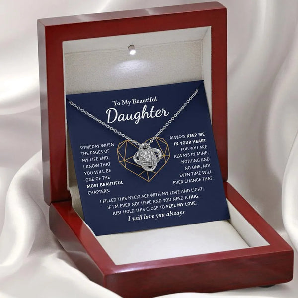 Daughter Message Jewelry, To My Daughter Love Knot Necklace, 14k White Gold Love Knot Pendant, Meaningful Birthday Present, C