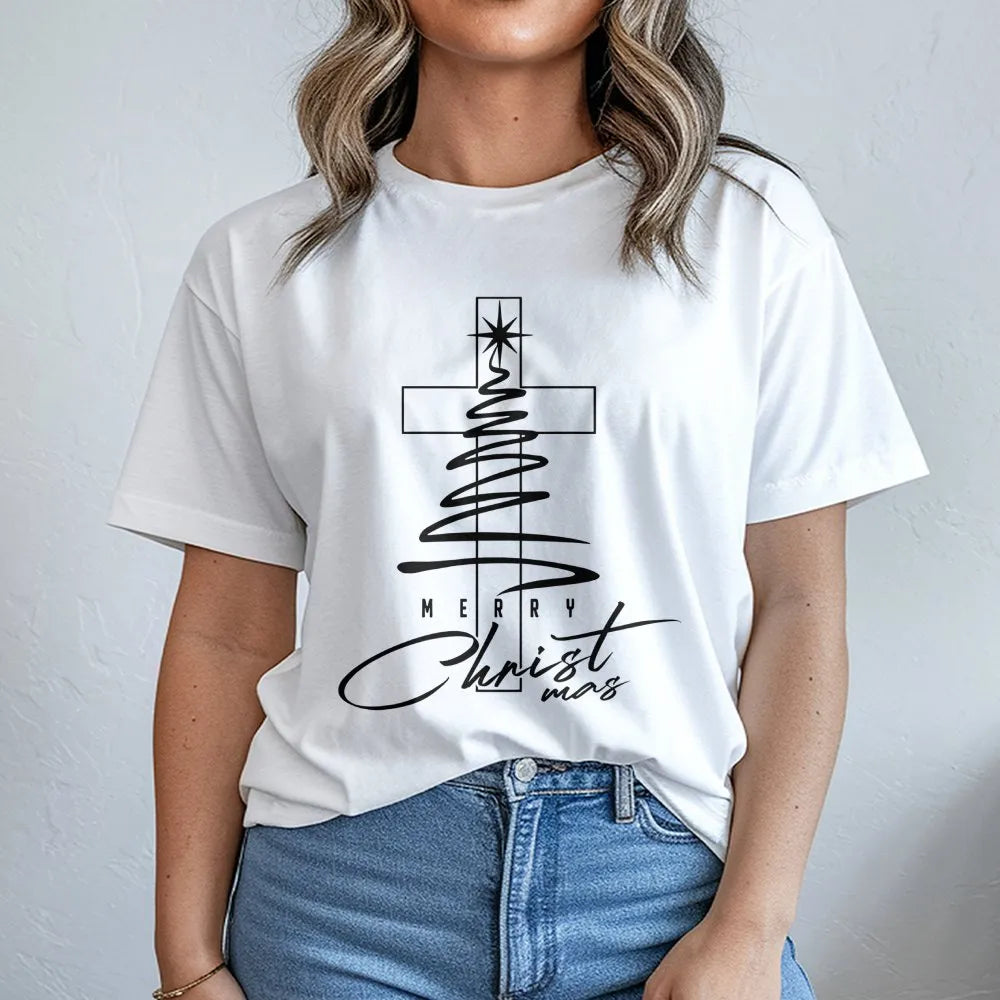 Minimalist Cross Tree Shirt, Religious Christmas T-Shirt, Christian Holiday Graphic Tee, Faith Based Xmas Shirt, Jesus Christ