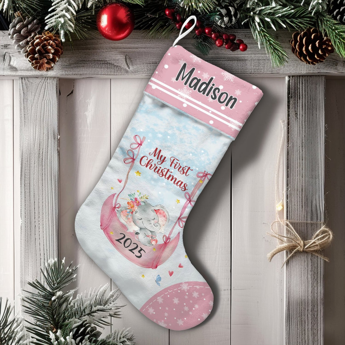 Baby First Christmas 2025 Stocking, Personalized Elephant Christmas Stocking, Custom Name Holiday Stocking, Adorable Baby Sho