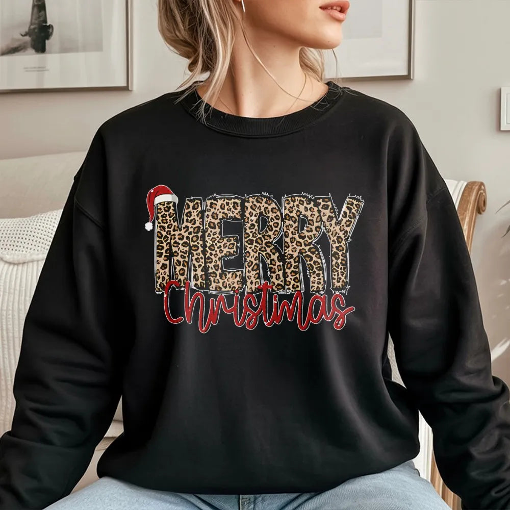 Santa Hat Holiday Crewneck, Merry Christmas Leopard Sweatshirt, Adorable Leopard Print Christmas Sweatshirt, Festive Winter P