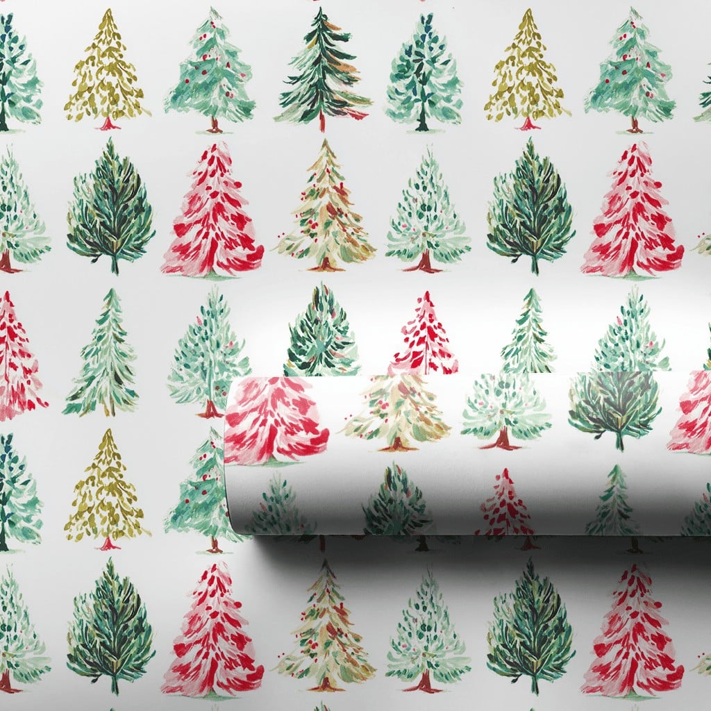 Pine Holiday Gift Wrap Paper, Watercolor Christmas Tree Wrapping Paper, Red Green Gold Gift Wrap Roll, Festive Present Wrappi