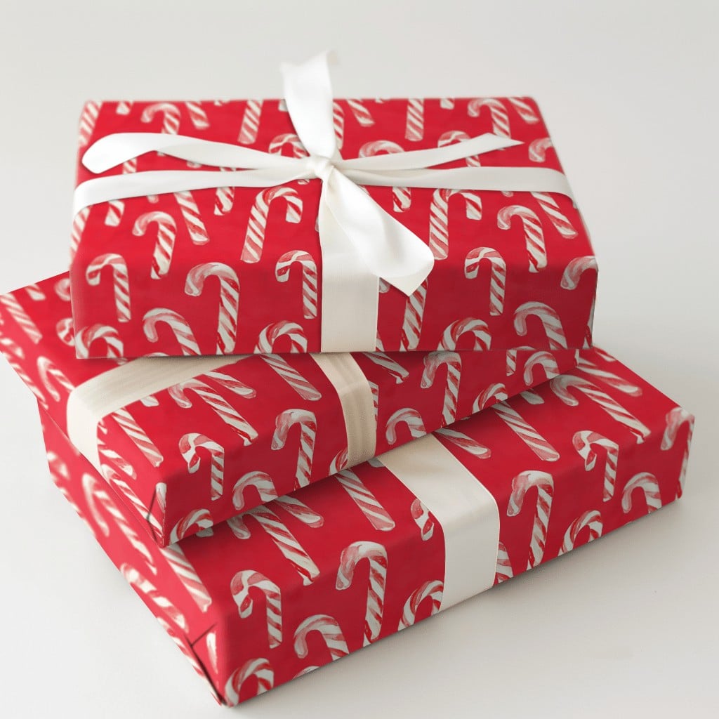 Red Christmas Gift Wrap, Watercolor Candy Cane Wrapping Paper, Festive Holiday Wrapping Paper, Classic Xmas Present Paper Rol