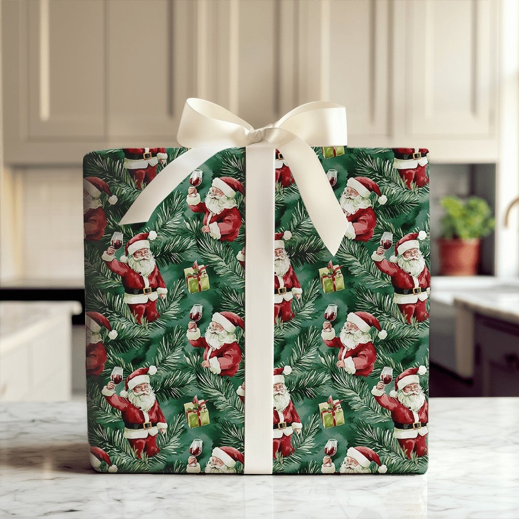 Humorous Wine Lover Gift Wrap, Santa Wine Toast Christmas Wrapping Paper, Holiday Santa Claus Wrapping Paper, Festive Pine Pr