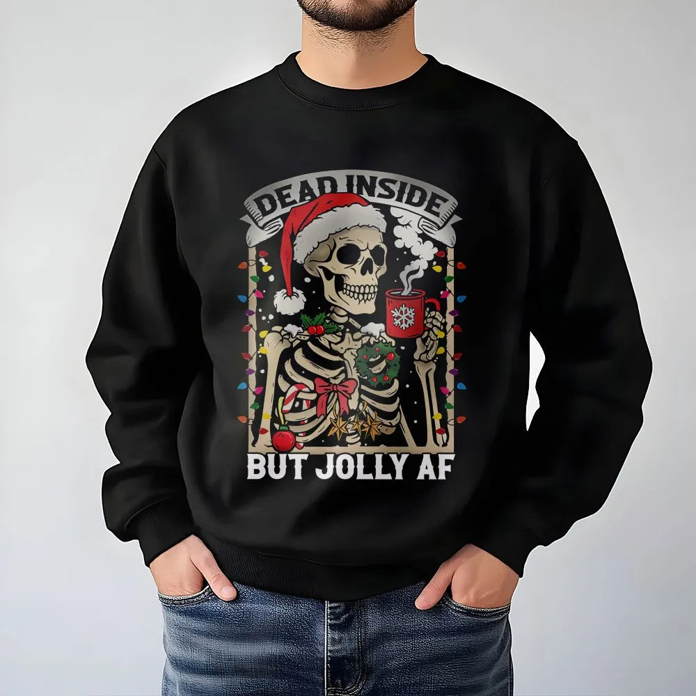Humorous Skeleton Christmas Coffee Crewneck, Dead Inside but Jolly AF Sweatshirt, Sarcastic Holiday Pullover, Spooky Season X