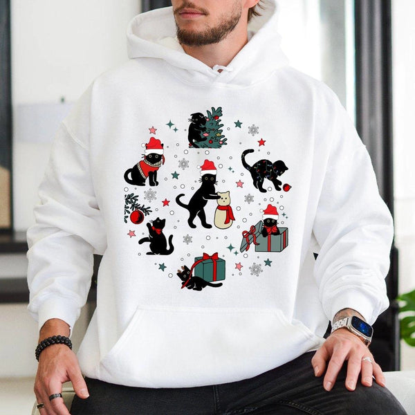 Adorable Santa Hat Kitten Pullover, Christmas Black Cat Hoodie, Festive Black Cat Hooded Sweatshirt, Comfy Holiday Apparel fo