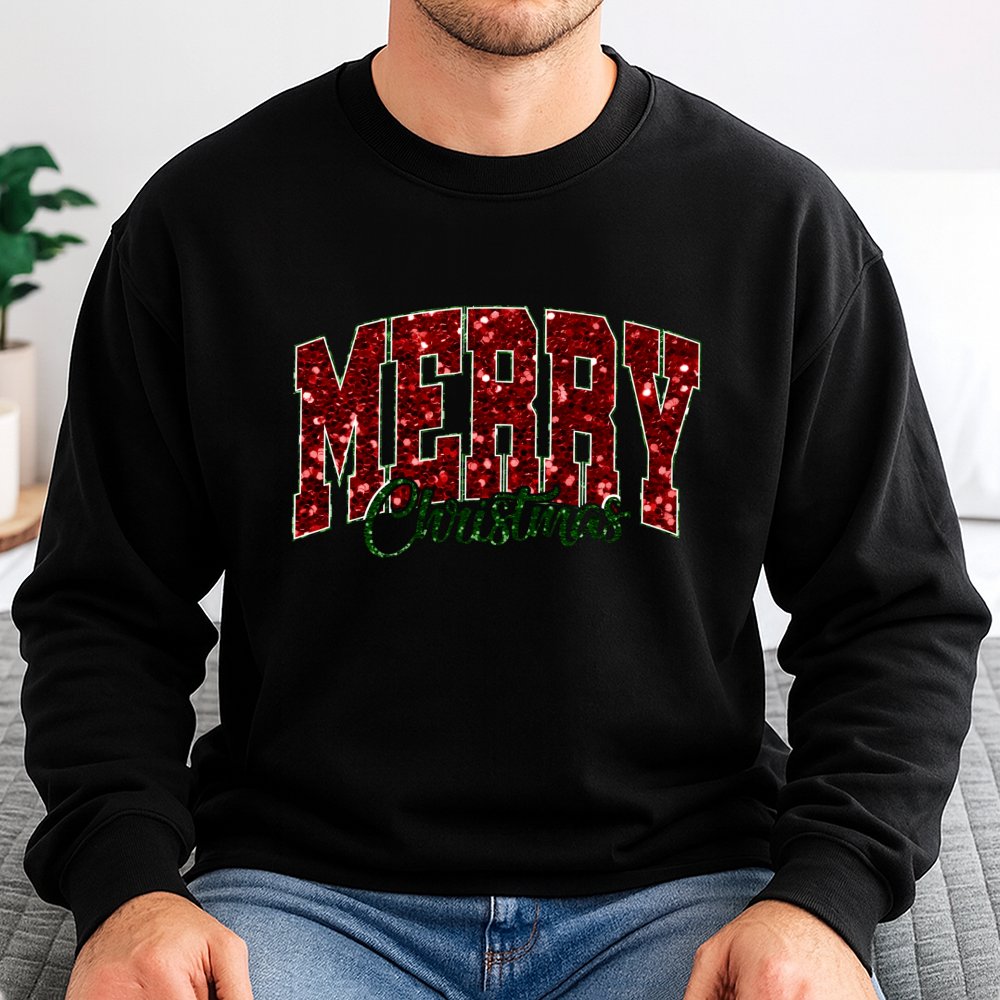 Varsity Lettering Holiday Crewneck, Red Glitter Merry Christmas Sweatshirt, Retro Christmas Sweater, Comfy Pullover, Xmas Pre