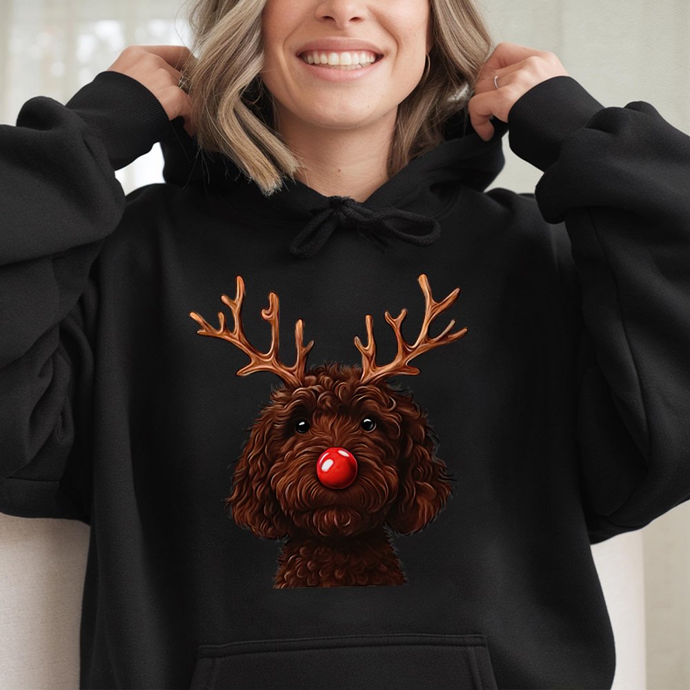 Humorous Christmas Dog Hoodie, Chocolate Doodle Reindeer Hoodie, Adorable Pet Lover Holiday Sweatshirt, Winter Doodle Pullove
