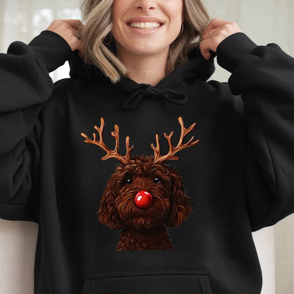 Humorous Christmas Dog Hoodie, Chocolate Doodle Reindeer Hoodie, Adorable Pet Lover Holiday Sweatshirt, Winter Doodle Pullove