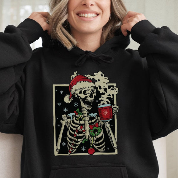 Humorous Holiday Coffee Sweatshirt, Dead Inside but Jolly Christmas Skeleton Hoodie, Spooky Creepy Xmas Pullover, Skeleton Co