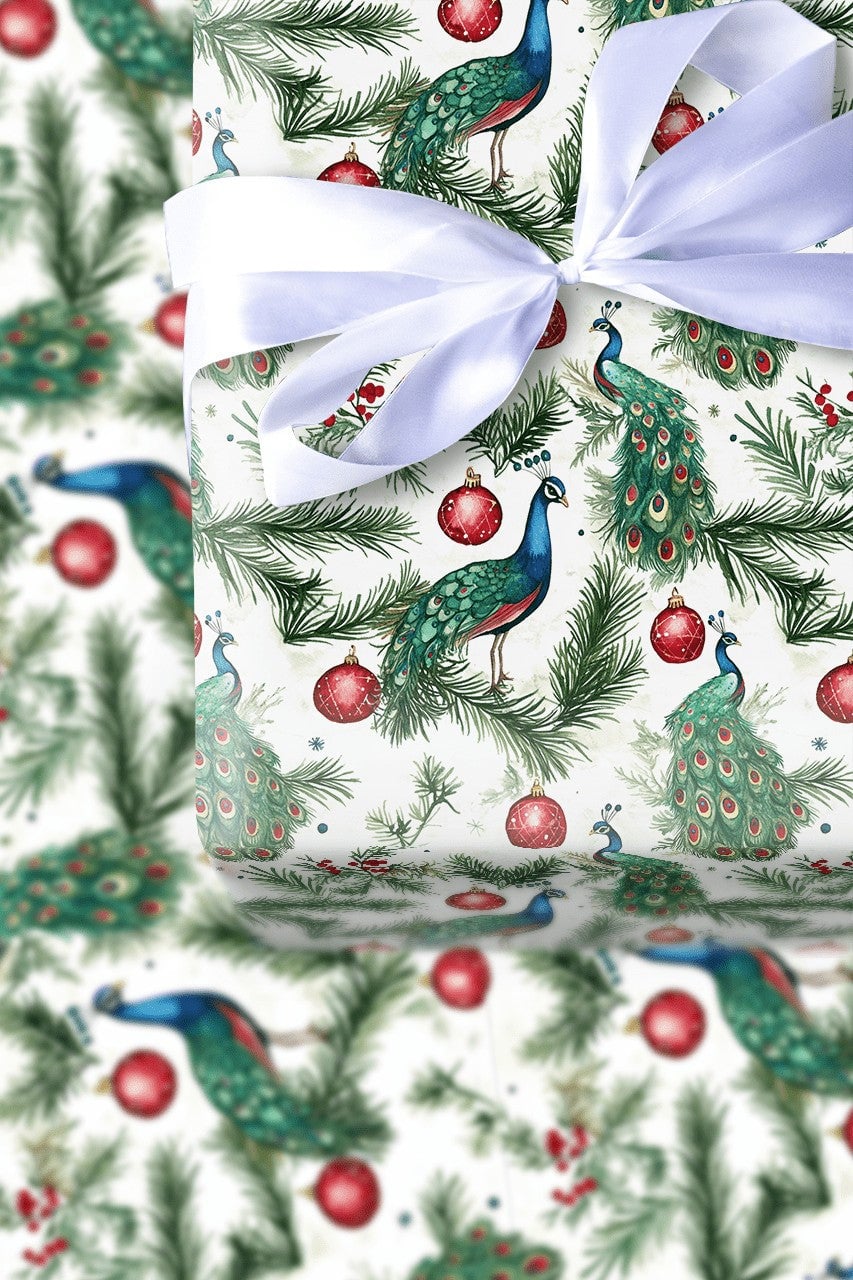 Pine Branch Bird Gift Wrap, Watercolor Peacock Christmas Wrapping Paper, Red Ornament Wrapping Paper, Elegant Winter Holiday 