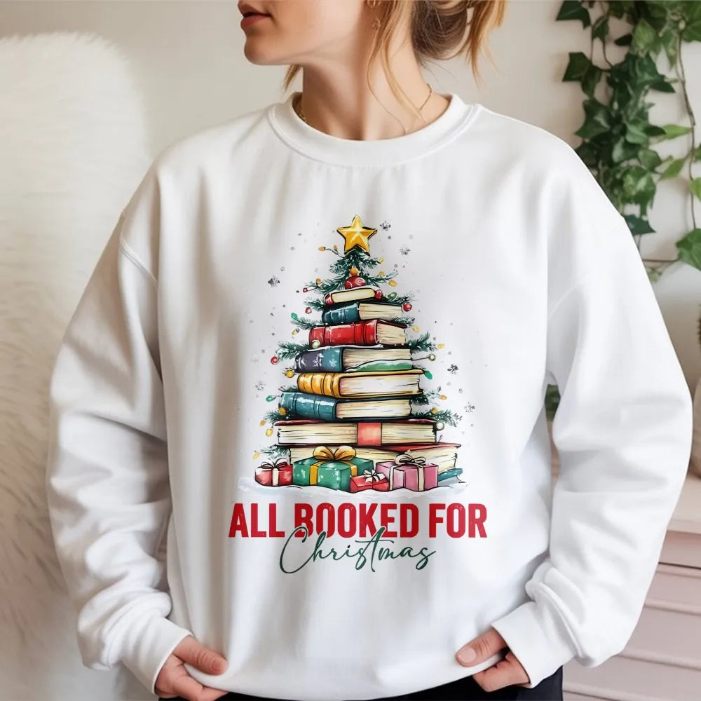 Book Tree Graphic Pullover, All Booked for Christmas Sweatshirt, Bookish Holiday Sweater, Librarian Christmas Crewneck, Book 