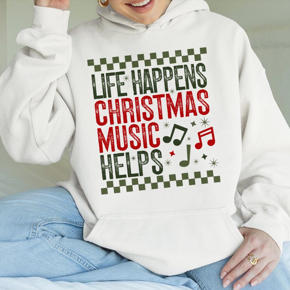 Retro Holiday Music Hoodie, Life Happens Christmas Music Helps Hoodie, Festive Christmas Song Sweatshirt, Adorable Xmas Music