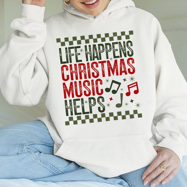 Retro Holiday Music Hoodie, Life Happens Christmas Music Helps Hoodie, Festive Christmas Song Sweatshirt, Adorable Xmas Music