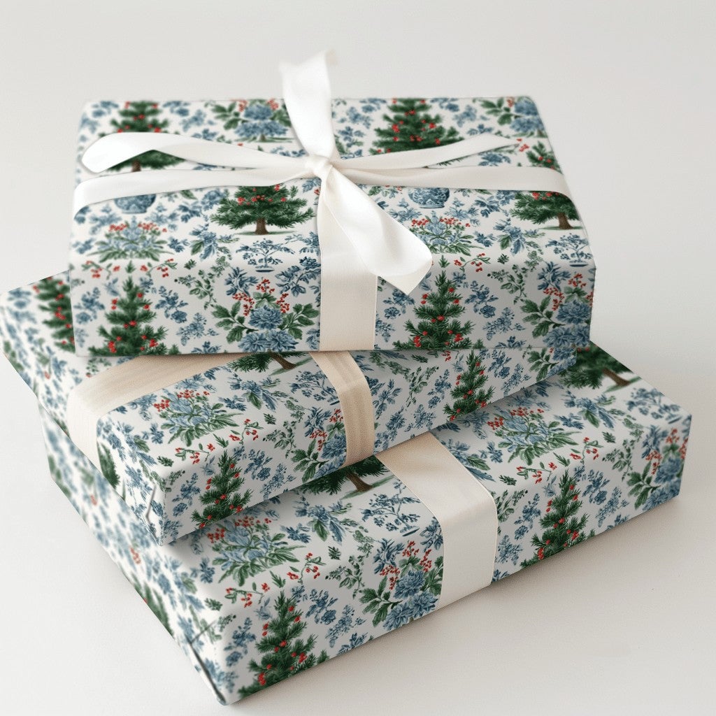 Blue and White Ginger Jar Holiday Gift Wrap, Chinoiserie Christmas Wrapping Paper, Floral Toile Christmas Wrap, Elegant Holid