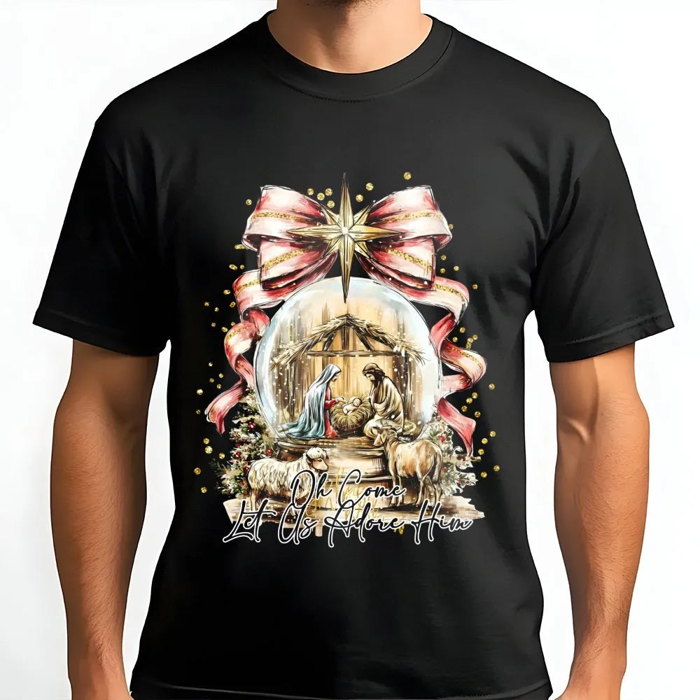 Oh Come Let Us Adore Him T-Shirt, Nativity Scene T-Shirt, Christian Christmas Graphic Tee, Holy Family Faith Shirt, Holiday C
