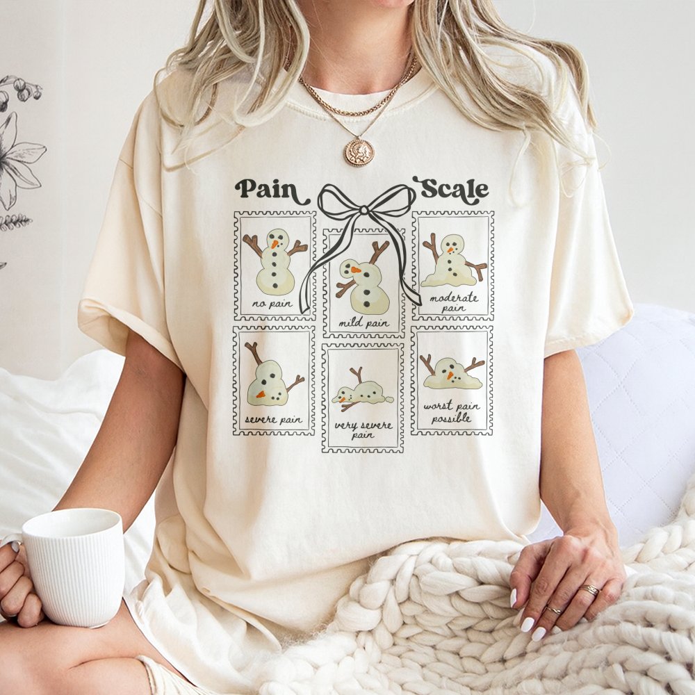 Humorous Nurse Christmas Pain Scale Shirt, Snowman Pain Scale T-Shirt, Melting Snowman Graphic Tee, Adorable Medical Holiday 