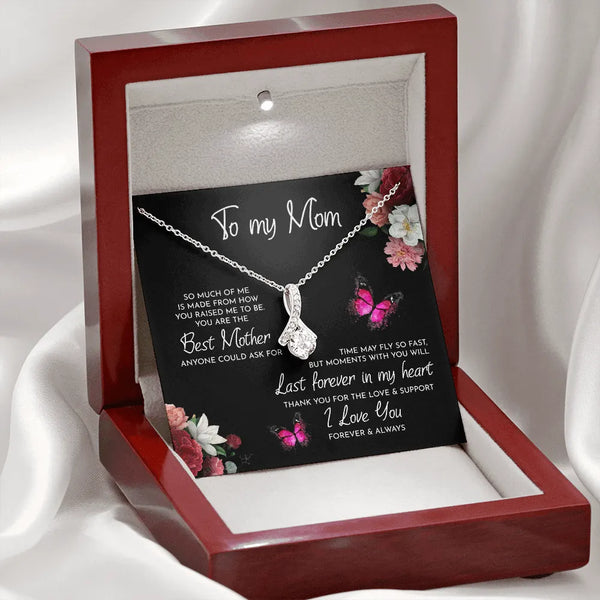 Sparkly Cubic Zirconia Ribbon Pendant Necklace, To My Mom Ribbon Necklace, 14k White Gold Finish Necklace, Mother Birthday Ch