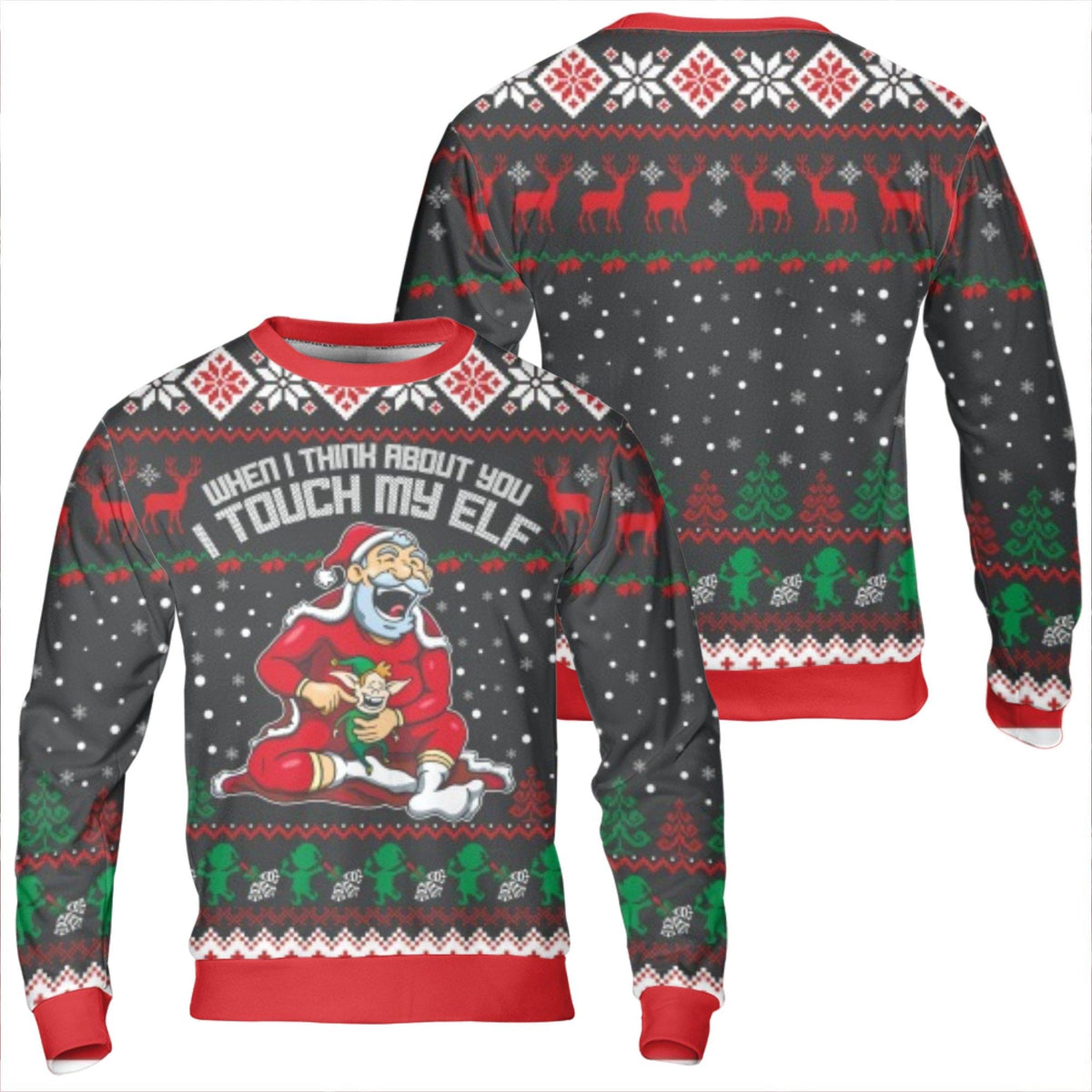 Adult Humor Holiday Sweater, Humorous Touch My Elf Christmas Sweatshirt, Rude Novelty Xmas Crewneck, Naughty Santa Party Pull