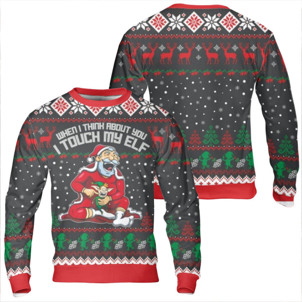 Adult Humor Holiday Sweater, Humorous Touch My Elf Christmas Sweatshirt, Rude Novelty Xmas Crewneck, Naughty Santa Party Pull