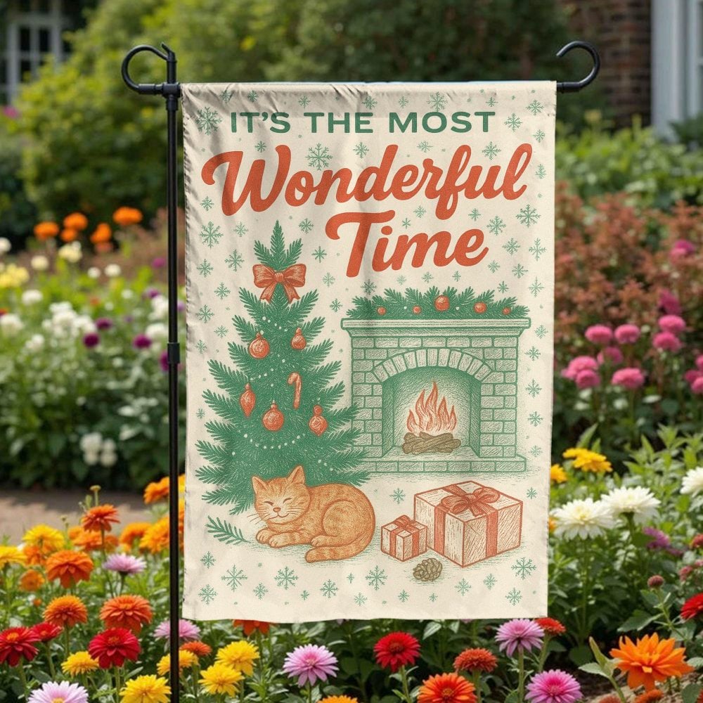 Comfy Holiday Cat Yard Flag, Cat by Fireplace Christmas Garden Flag, Winter Kitten Garden Flag, Festive Lawn Banner, Pet Love