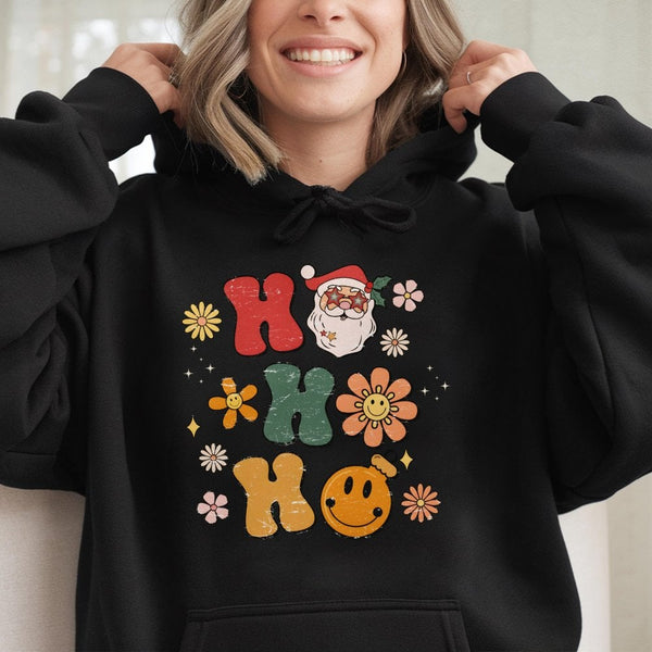 Groovy Santa Graphic Sweatshirt, Retro Ho Ho Ho Christmas Hoodie, Vintage Holiday Pullover, Festive Teacher Xmas Hooded Sweat