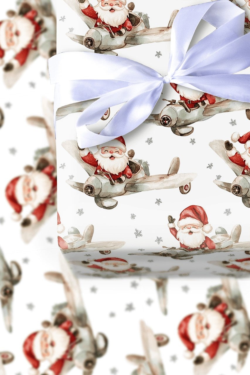 Vintage Flying Santa Gift Wrap, Airplane Santa Wrapping Paper, Watercolor Pilot Santa Christmas Paper, Retro Aviation Gift Wr