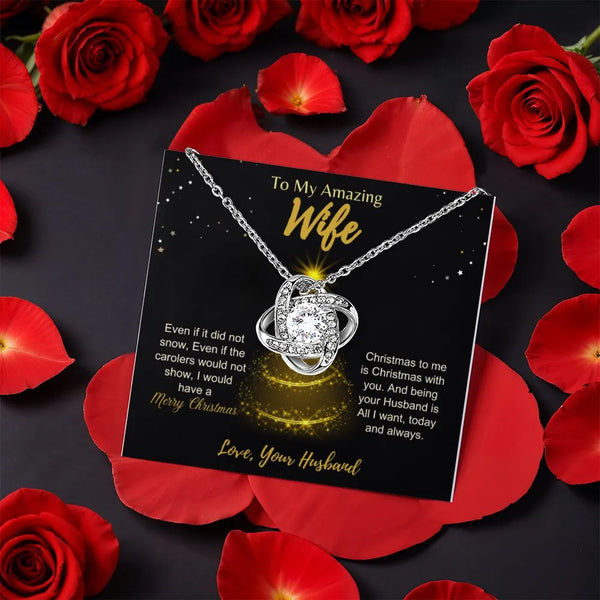 Husband to Wife Knot Necklace, Wife Love Knot Necklace, CZ Crystal Love Knot Pendant, Gold Finish Knot Jewelry, Romantic Chri