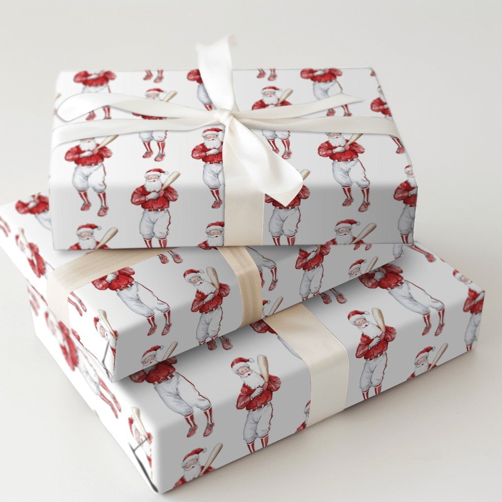 Retro Sport Christmas Gift Wrap, Vintage Baseball Santa Wrapping Paper, Red Uniform Baseball Wrapping Paper, Sports Fan Gift 