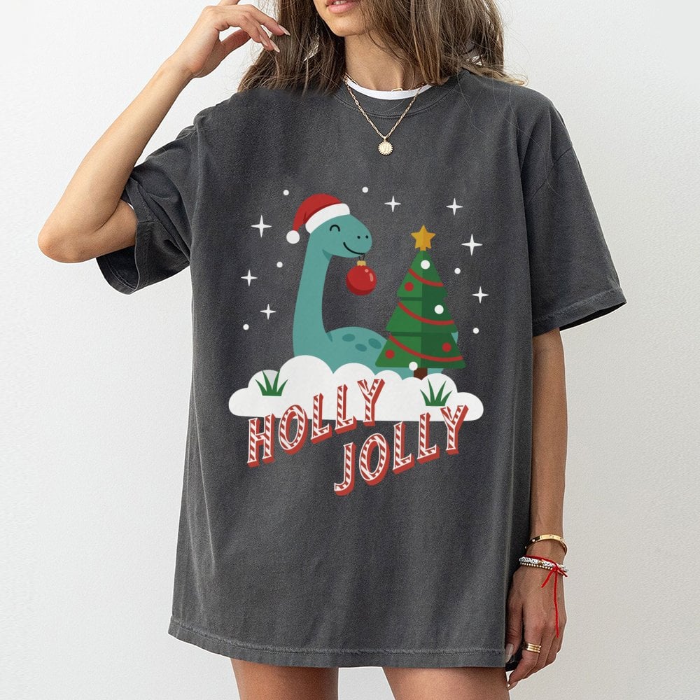 Adorable Festive Dino T-Shirt, Holly Jolly Dinosaur Christmas Shirt, Retro Holiday Dinosaur Graphic Tee, Xmas Dino Shirt, Fam