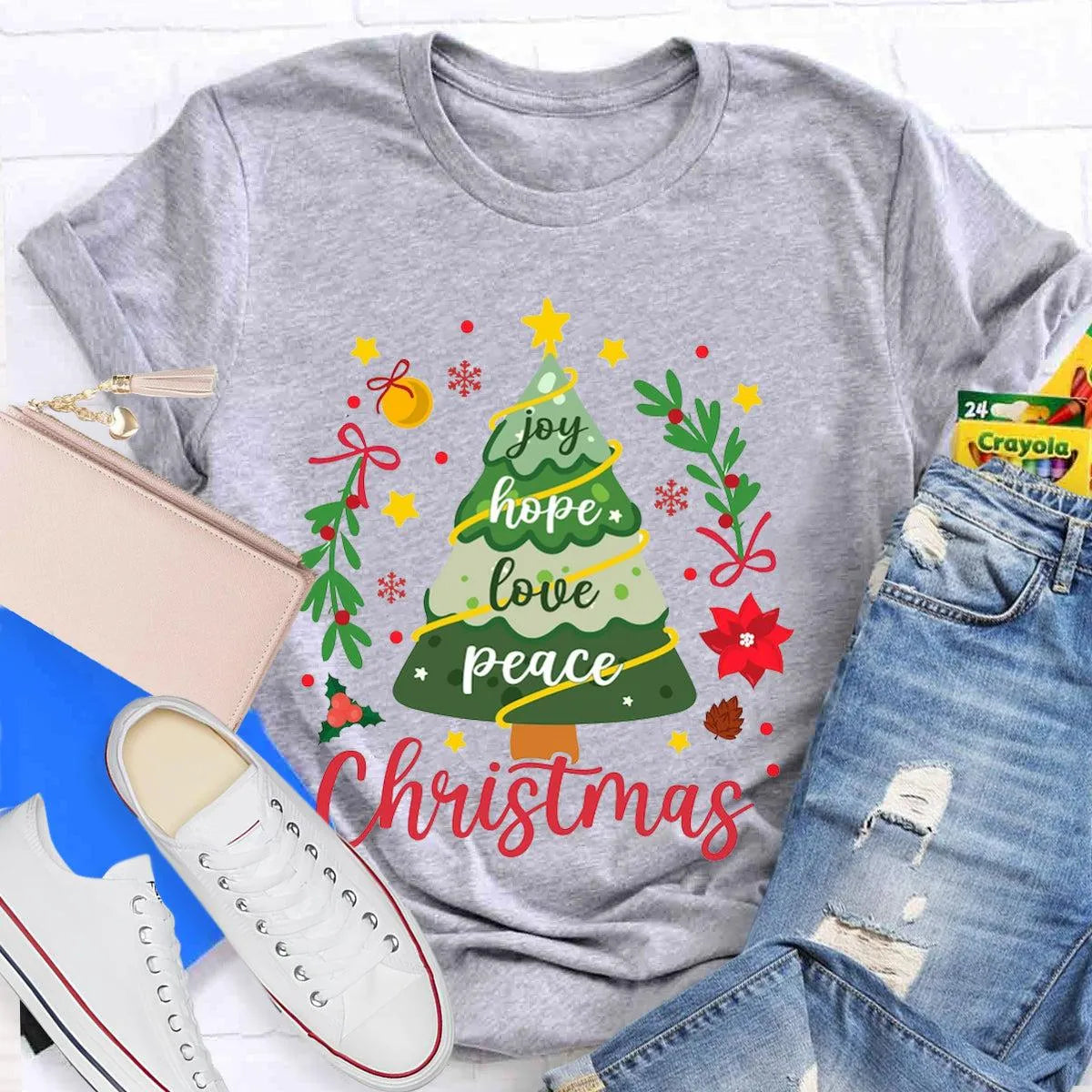 Joy Hope Love Peace Holiday Graphic Tee, Christmas Tree T-Shirt, Retro Xmas Tree Shirt, Festive Holiday Apparel Present
