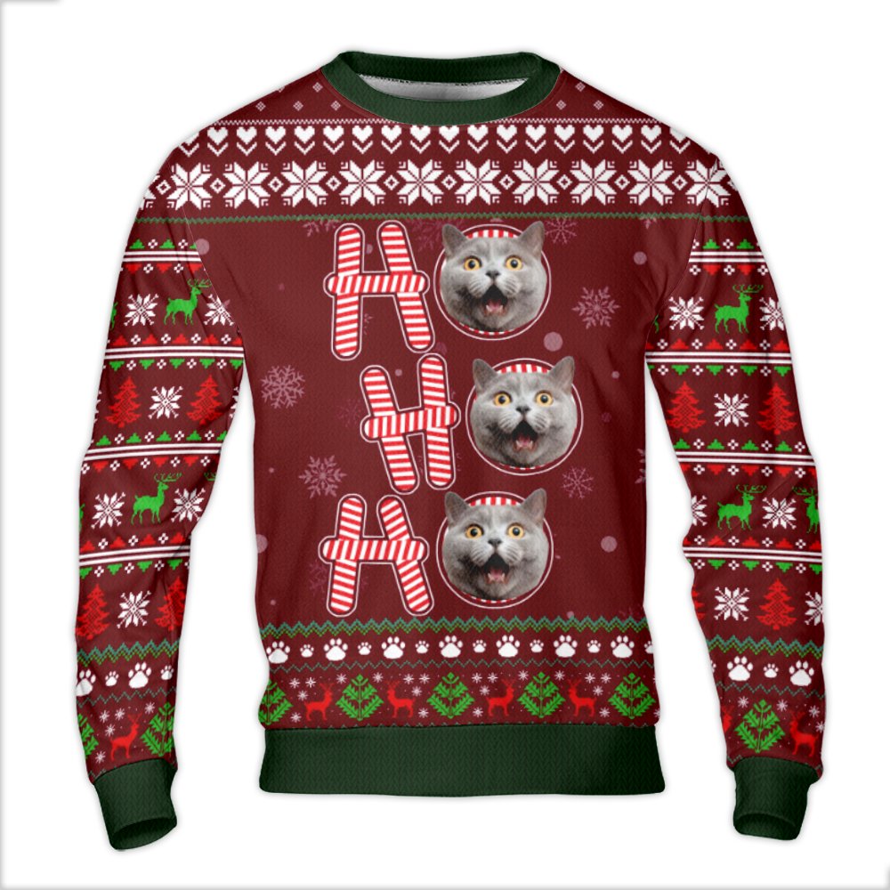 Custom Pet Photo Christmas Sweater, Custom Cat Ugly Sweater, Ho Ho Ho Cat Lover Holiday Sweater, Humorous Xmas Sweatshirt, Pr