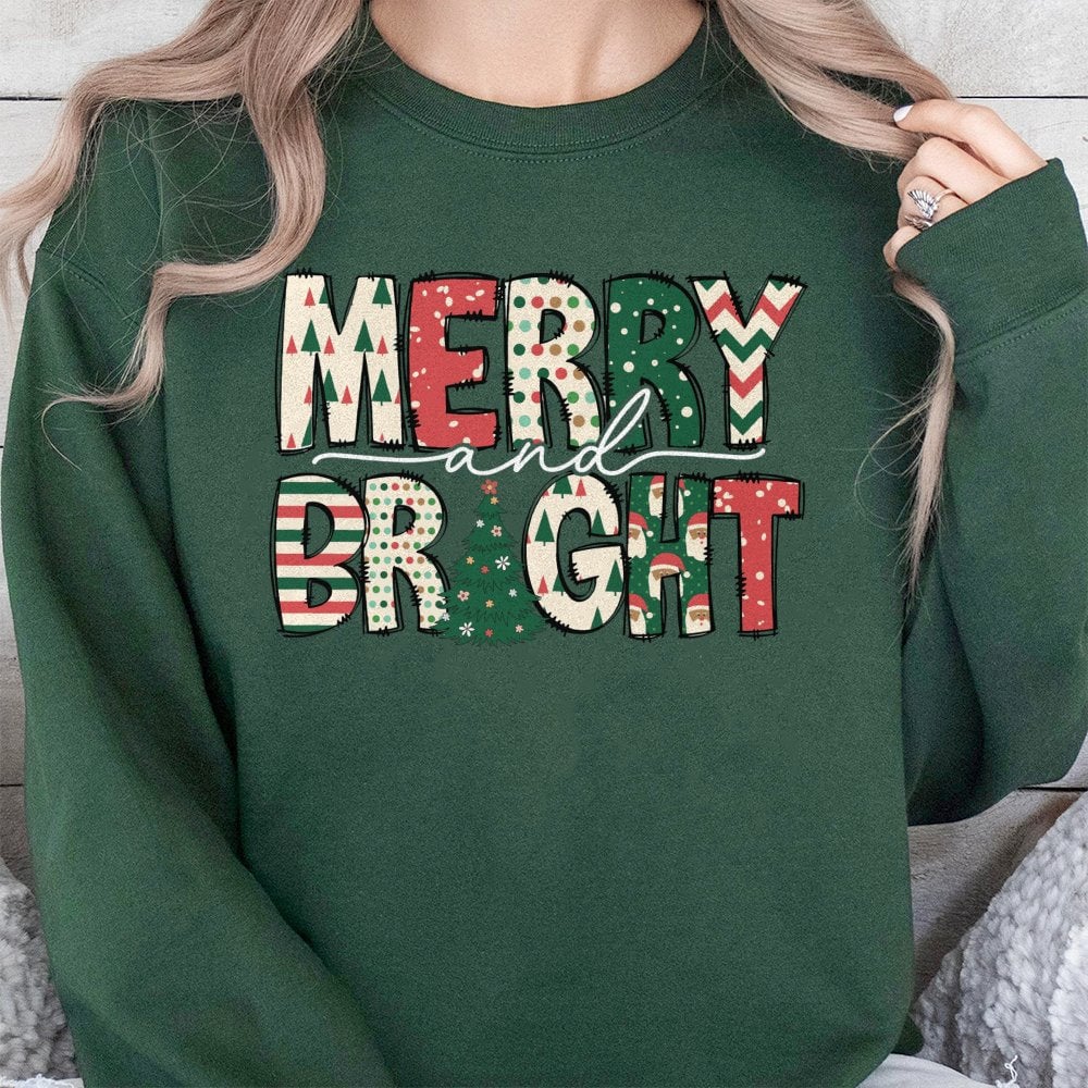 Festive Christmas Tree Sweatshirt, Merry and Bright Sweatshirt, Retro Holiday Season Crewneck, Adorable Winter Holiday Graphi