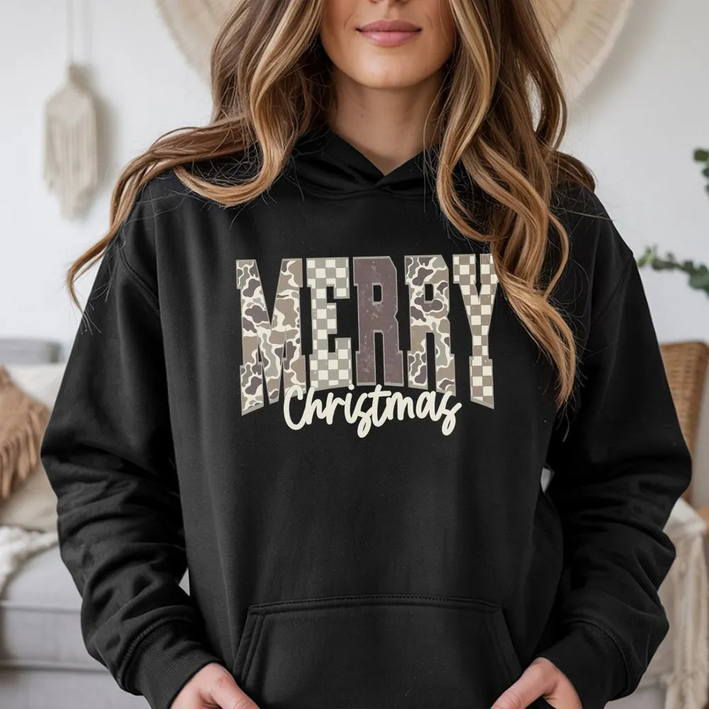 Trendy Camouflage Checkered Hoodie, Merry Christmas Camo Hoodie, Comfy Holiday Graphic Sweatshirt, Winter Festive Pullover Ca