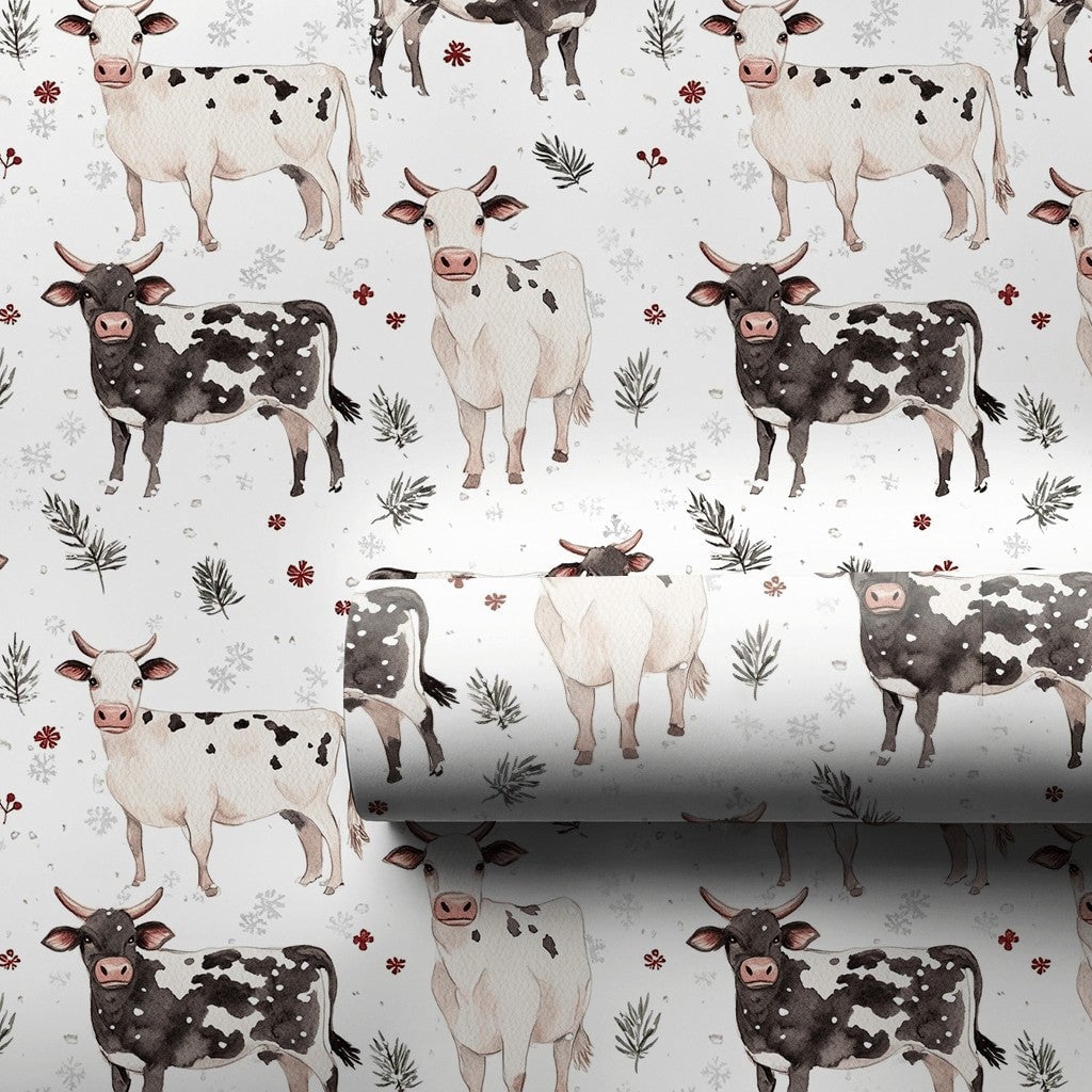 Black and White Cow Gift Wrap, Farmhouse Cow Christmas Wrapping Paper, Winter Holly Wrapping Paper, Rustic Farm Animal Holida
