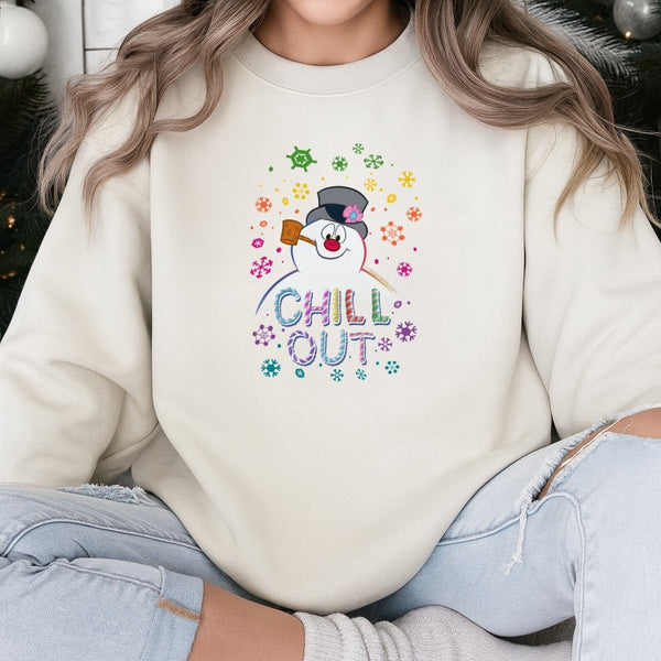 Colorful Snowflake Winter Crewneck, Chill Out Snowman Sweatshirt, Humorous Christmas Holiday Pullover, Adorable Comfy Snowman