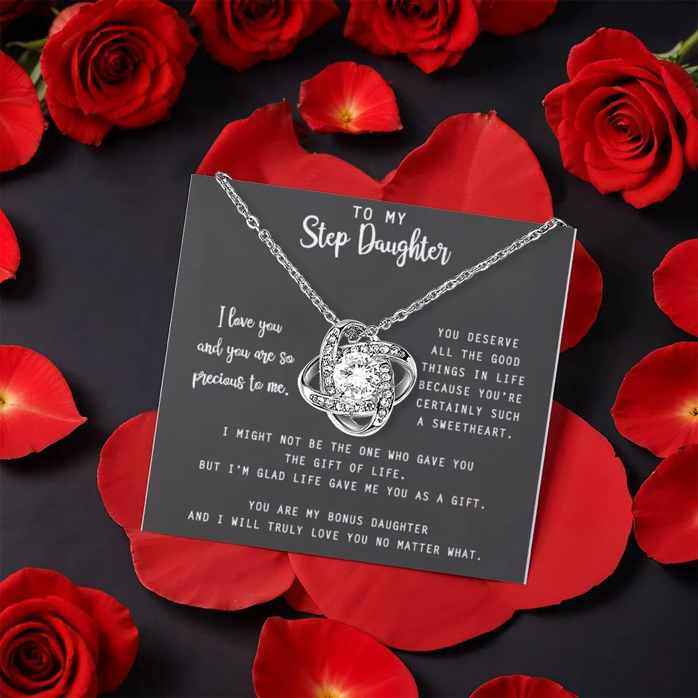 Love Knot Necklace with Rotating Rose Box, Step Daughter Present, Gold Finish Love Knot Pendant Jewelry, Birthday Christmas P
