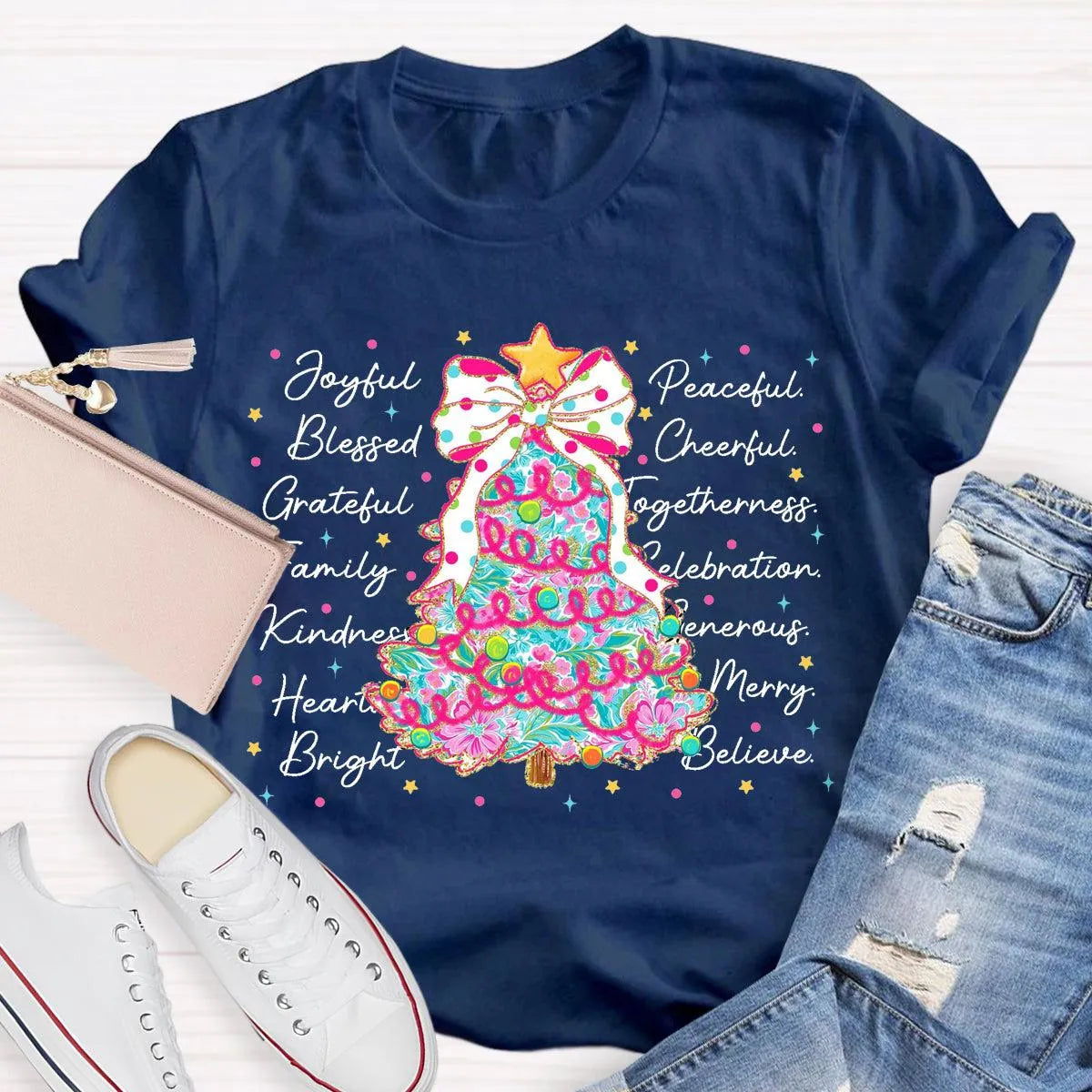 Aesthetic Holiday Graphic Tee, Joyful Peaceful Cheerful Christmas Tree T-Shirt, Retro Xmas Tree Shirt, Festive Winter Holiday