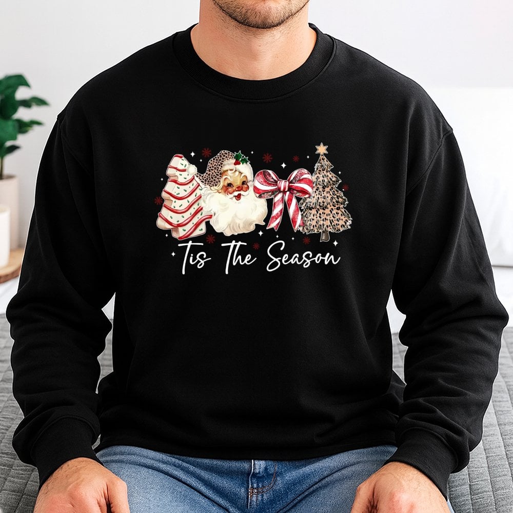 Leopard Print Santa Sweatshirt, Tis the Season Christmas Sweatshirt, Coquette Bow Holiday Crewneck, Preppy Xmas Sweatshirt, H
