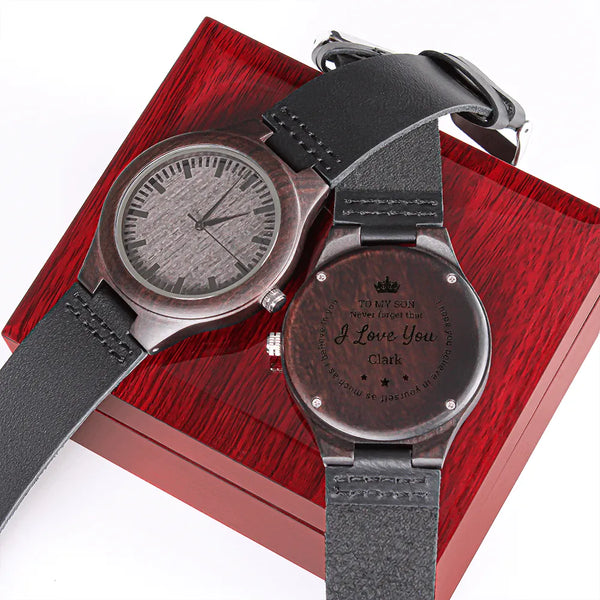 Engraved Sandalwood Watch, Personalized Wooden Watch for Son, Mens Leather Strap Timepiece, Birthday or Christmas Present fro