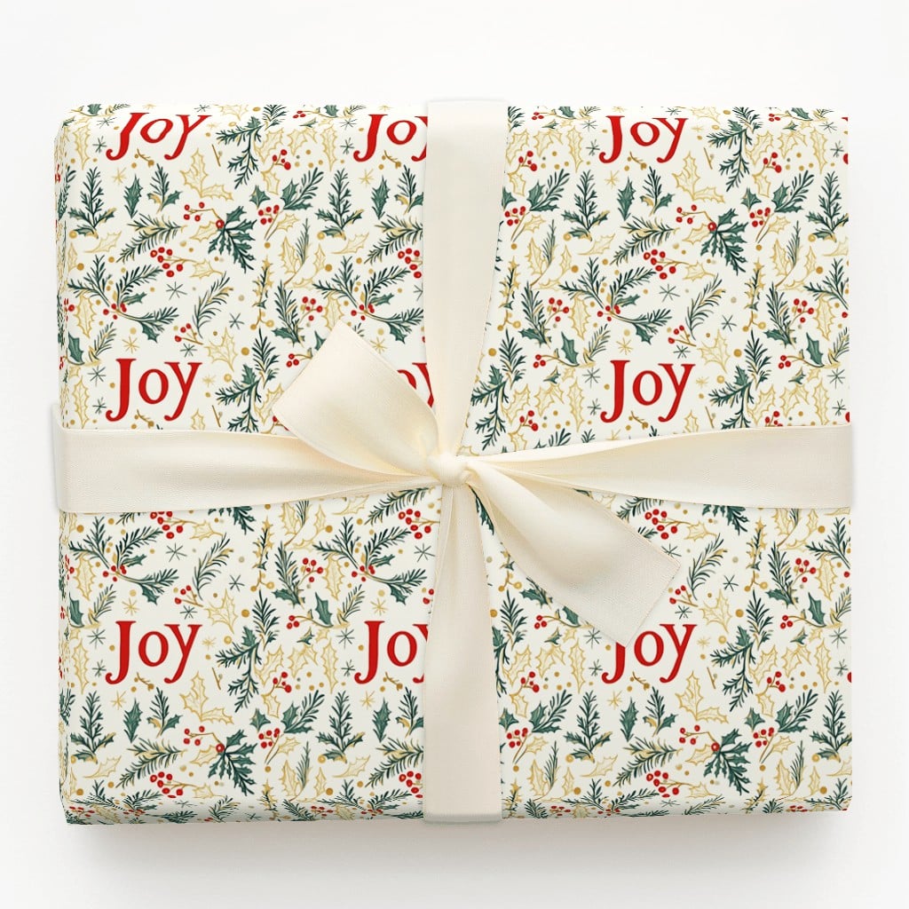 Evergreen Foliage Gift Wrap, Joy Holly Berry Christmas Wrapping Paper, Botanical Holiday Wrapping Paper, Elegant Winter Gift 