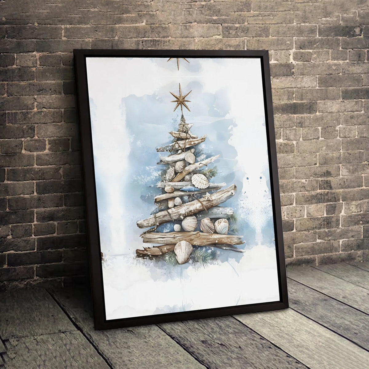 Driftwood Seashell Canvas Print, Coastal Christmas Tree Canvas Wall Art, Beachy Holiday Wall Decor, Nautical Christmas Canvas