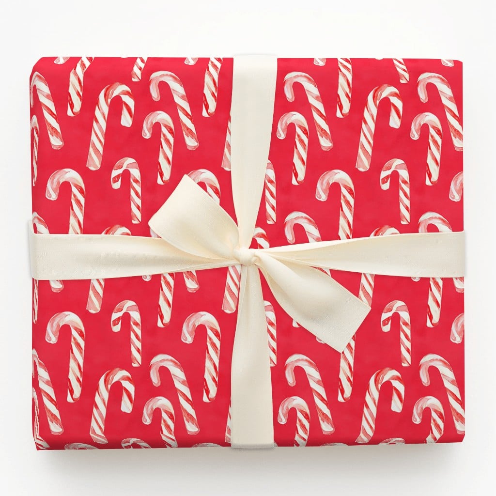 Red Christmas Gift Wrap, Watercolor Candy Cane Wrapping Paper, Festive Holiday Wrapping Paper, Classic Xmas Present Paper Rol
