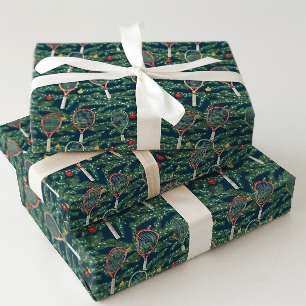 Racket and Ornament Gift Wrap, Tennis Christmas Wrapping Paper, Festive Sports Holiday Wrapping Paper, Tennis Player Xmas Gif
