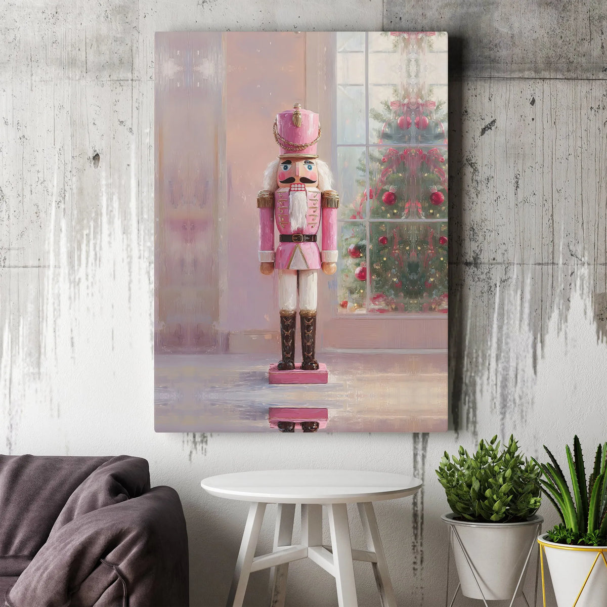 Christmas Tree Holiday Canvas Print, Pink Nutcracker Canvas Wall Art, Pastel Xmas Nutcracker Canvas Decor, Winter Holiday Wal