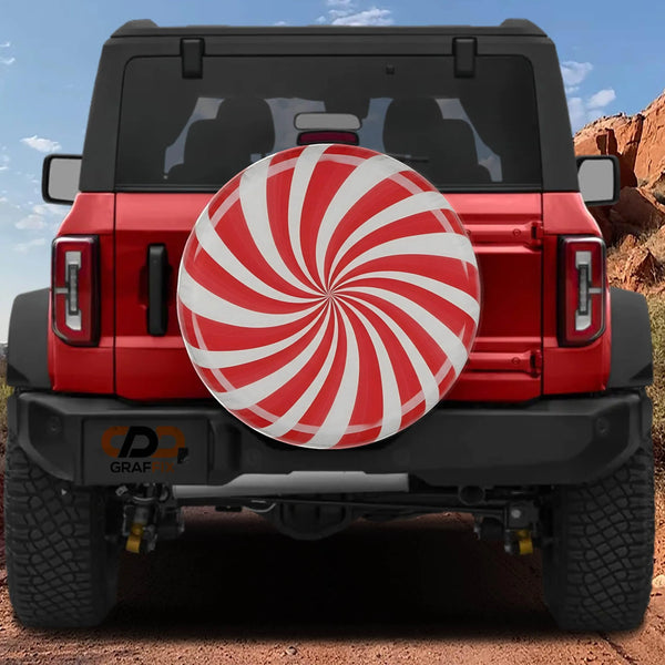 Red White Christmas Swirl Tire Cover, Peppermint Candy Spare Tire Cover, Holiday Sweet Wheel Cover, Jeep Bronco RV Backup Cam