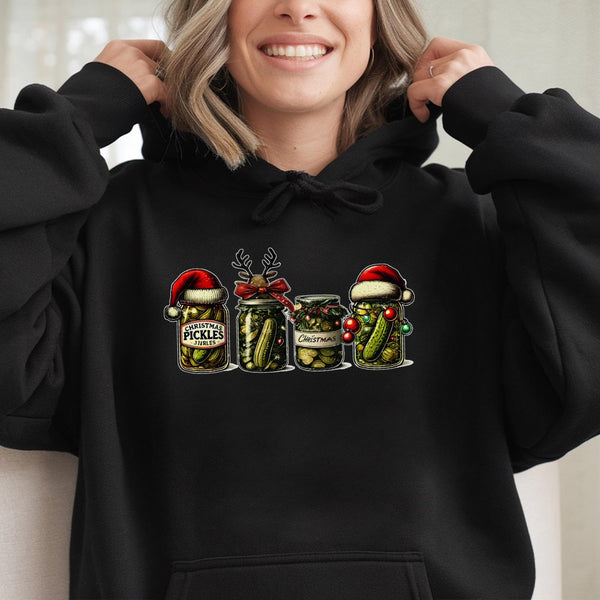 Humorous Pickle Jar Graphic Hoodie, Christmas Pickle Hoodie, Adorable Holiday Season Sweatshirt, Retro Xmas Tradition Hoodie,
