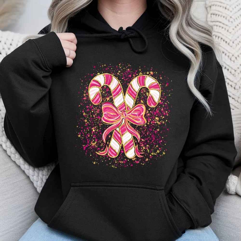 Coquette Bow Christmas Hoodie, Pink Candy Cane Hoodie, Aesthetic Candy Cane Hooded Sweatshirt, Adorable Xmas Candy Cane Pullo