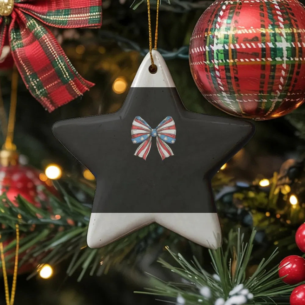 Coquette Patriotic Star Keepsake, American Flag Bow Ceramic Ornament, 4th of July Decor, Christmas Tree Hanging Ornament