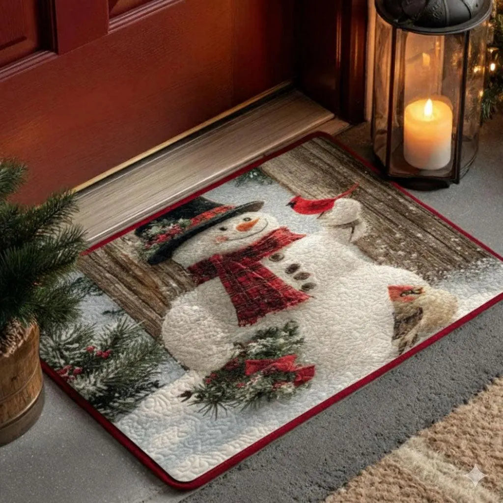 Rustic Winter Welcome Mat, Snowman Cardinal Christmas Doormat, Pine Berries Door Mat, Holiday Porch Decor Mat, Entryway Chris